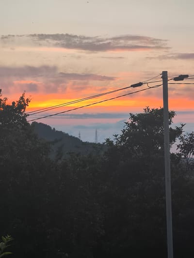 A photograph captures a serene sunset over a mountainous landscape. The sky is a gradient of soft pastels, transitioning from a pale grey at the top to vibrant hues of orange and pink near the horizon. Wispy clouds drift across the sky, catching the light and adding texture to the scene. In the foreground, the dark silhouettes of trees frame the view, their leaves forming a dense canopy. A utility pole stands on the right side of the frame, its wires stretching across the sky. In the distance, rolling hills are shrouded in a light mist, and two tall transmission towers are visible, their skeletal structures piercing the hazy atmosphere. The overall impression is one of natural beauty and tranquility, with a hint of human presence through the utility infrastructure. The location is identified as Erge, Georgia.