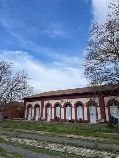 The image depicts the train station building in Buñol, Spain, viewed from across multiple railroad tracks. The sky overhead is bright blue with scattered white, wispy cirrus clouds. On the left, a tree with bare branches and sparse budding foliage partially obscures a brick-colored building in the background. Another similar tree with emerging leaves frames the right side of the image, extending into the sky.
In the foreground, three parallel sets of railroad tracks run horizontally across the lower section of the image. The tracks are embedded in gravel ballast, with green grass and weeds growing between the sleepers and rails. A strip of unkempt grass separates the tracks from the station building.
The station building is a single-story structure with a terracotta tiled hip roof. Its facade features a cream-colored base with dark red trim outlining the roofline and framing six prominent arched doorways or windows. The word "BUNOL" is visible in dark lettering above the central arched entrance. Each arched opening contains tall, white double doors, some with arched transoms. Several white exterior air conditioning units are mounted on the facade below the windows. Near the third arched entrance from the left, a partially obscured individual in colorful clothing is visible, along with several objects including what appear to be potted plants and bags. A dark chair is positioned near the rightmost entrance. Some doorways are fronted by security gates or fencing.