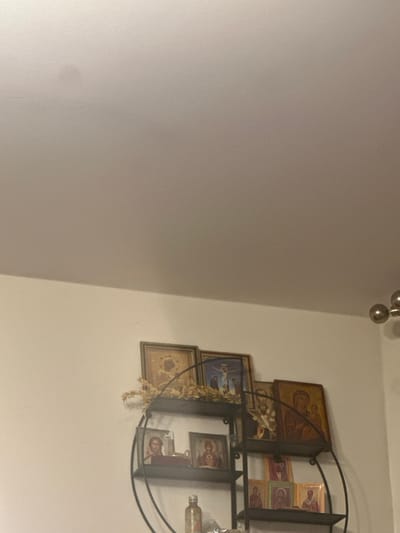 The image displays an interior residential scene located in Colombes, France. The upper two-thirds of the frame are occupied by a light-colored, flat ceiling, featuring a faint, circular discoloration in the upper-left quadrant. A sharp horizontal line separates the ceiling from a similarly light-colored wall. In the lower right quadrant, a dark, multi-tiered metal shelving unit, characterized by circular or curved structural elements, is mounted against the wall.
The shelving unit and the adjacent wall serve as a display for numerous religious icons. On the uppermost tier and wall area, several framed icons are visible, including a depiction of a crucifixion, an icon featuring a haloed figure or a sunflower-like motif, and an icon portraying the Madonna and Child. Dried, light-colored botanical elements are arranged on the top shelf. The middle shelf holds a framed icon of a single figure, a small dark wooden box, and another framed icon. The lowest visible shelf contains a row of smaller framed icons alongside a clear glass bottle containing an amber liquid and sealed with a dark cap. A partial view of a spherical metallic light fixture element is observable in the upper right corner of the image. No people are present.