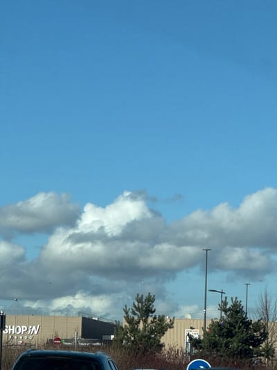 The scene depicts an outdoor commercial or retail environment in Lampertheim, France, under a bright blue sky with scattered cumulus clouds. The upper portion of the image is dominated by clear blue sky. Below, a band of white and grey clouds spans horizontally across the mid-upper section. The midground features a large commercial building complex. On the left, a building displays the white lettering "SHOP'IN" and "INDO" against a dark background. To the right, a lighter-colored section of the building shows partial French text: "Heureux de vous accueillir !" A red circular sign with a horizontal white bar (indicating a prohibition or stop) is visible near the "SHOP'IN" structure. Further right, another blue and white sign, partially obscured, shows text like "STATION SERVICE" and "2000 M." Several tall, dark light poles are distributed across the midground. Sparse green coniferous trees and bare shrubs are present in the midground and foreground, partially obscuring the buildings and signs. The immediate foreground shows the top portion of a dark vehicle, from which the image was likely captured, along with more vegetation and a partially visible blue circular road sign with a white arrow pointing right. No individuals, specific actions, or interactions are visible.