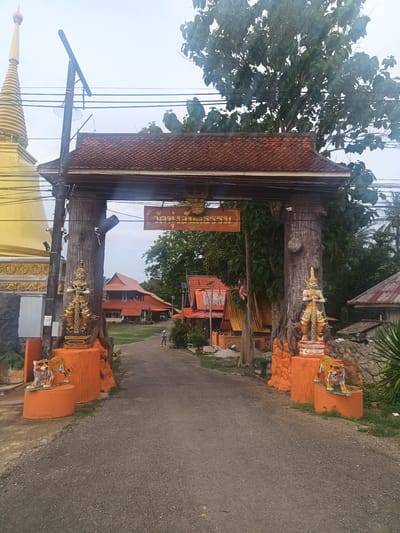 The image shows the entrance to a temple or religious site in Ban Thung, Thailand. The entrance gate is made of wood and has a brown tiled roof. A sign in Thai script hangs above the gateway. On either side of the entrance are orange bases, each with a statue of a tiger and a statue of a deity figure in golden clothing. A gravel road leads through the entrance, and a person walks in the distance. Buildings with red tile roofs are visible on either side of the road, along with trees and vegetation. A golden spire or chedi is partially visible to the left of the entrance. Power lines are visible overhead. The sky is overcast.