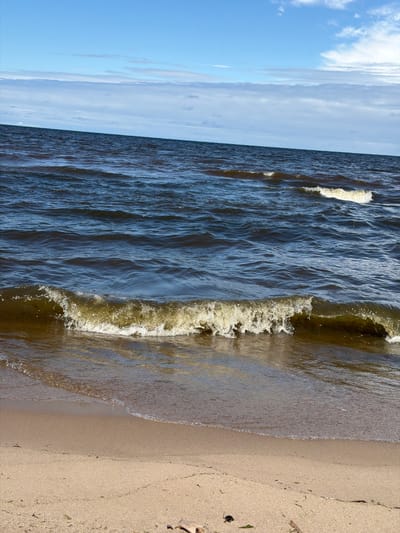 A wide-angle shot shows a body of water with waves breaking on a sandy shore. The water is dark and choppy, with some whitecaps visible. The sky is blue with scattered white clouds. The beach is light brown and appears to be composed of fine sand. Some small pieces of driftwood and seaweed are scattered on the beach. The scene appears to be a natural landscape, possibly a lake or a sea. This image was taken in Gauja, Latvia.
