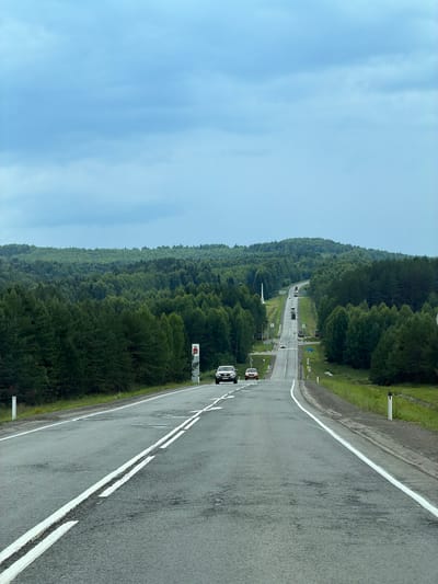 This media file depicts a scenic view of a winding asphalt road traversing a dense, verdant forest. The road is marked with white lines and appears to be a highway with multiple lanes. Several vehicles, including cars and trucks, are visible on the road, suggesting ongoing travel. The surrounding landscape is dominated by a thick canopy of trees that stretch as far as the eye can see, forming a natural barrier along the roadside. The sky is overcast with light clouds, hinting at a possibly cool or temperate day.

In the distance, the road appears to ascend and descend through the hilly terrain, creating a dynamic and visually engaging perspective. Several roadside signs and structures, possibly related to traffic management or information, are intermittently placed along the highway. The scene conveys a sense of a journey through a remote or natural environment. The overall impression is one of a tranquil drive through a lush, forested landscape. There is no visible text that can be clearly identified. The time of day appears to be daylight, given the visibility of the landscape and the sky.