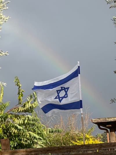 The image, taken in Beit Yitshak Sha'ar Hefer, Israel, displays an Israeli flag flying outdoors against a partially overcast sky featuring a rainbow. The flag, white with two horizontal blue stripes and a blue Star of David in the center, is attached to a light-colored wooden pole and appears to be gently unfurled. A distinct rainbow arc extends across the greyish-blue sky from the upper-left to the mid-right portion of the frame, positioned behind the flag. The scene is bordered by various flora: dense green foliage occupies the left side and lower-left, while sparse branches, some with yellow leaves, are visible in the mid-ground behind the flag. Light-colored foliage from what appears to be an olive tree frames the upper-left and upper-right corners. In the lower foreground, a wooden fence or railing is partially visible. On the right side, a portion of a brown wooden roof structure with a white gutter is present. No persons or animals are depicted.