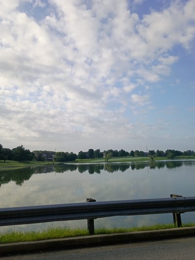 The image is a photograph of a landscape with a body of water and a cloudy sky. The perspective is such that the water and the reflection of trees and houses in it appear to be the foreground, with the sky filling the background. The water is calm, creating a clear reflection of the treeline and the houses nestled among the trees. The sky is filled with scattered white clouds against a pale blue backdrop, suggesting it might be morning or late afternoon.
The scene appears to be a residential area or a park bordering a waterway, possibly a canal or a lake. The presence of a guardrail and a paved surface on the right side of the image indicates that this might be viewed from a road or a pathway adjacent to the water. The trees are lush and green, indicating a warm season. The houses are partially visible, suggesting a suburban or semi-rural setting.
There are no people or animals visible in the image. The overall mood is peaceful and serene, with the soft lighting and tranquil water contributing to a sense of calm. The reflection in the water adds depth and symmetry to the composition. There is no visible text in the image. The location context provided is Paris, United States of America.