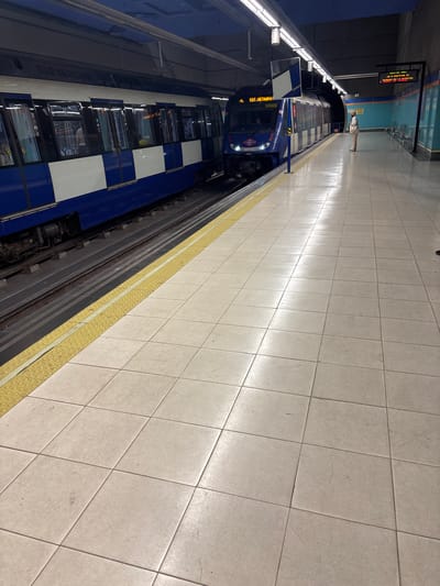 The image depicts a subway station platform in San Fernando de Henares, Spain. A blue and white subway train is stopped at the platform, its doors open. The platform is tiled with light-colored squares, with a yellow tactile warning strip along the edge. Fluorescent lights illuminate the platform from above, casting long reflections on the tiled floor. In the background, a digital display board shows train information, with some text visible. A single person is standing on the platform, facing away from the camera, looking at the display board. The scene suggests a typical operational day at a subway station.