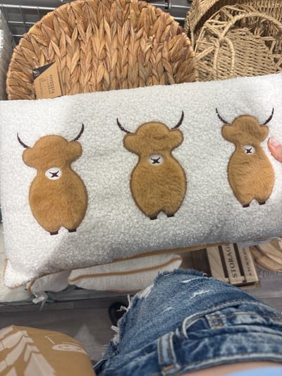 A close-up, eye-level shot shows a white, textured throw pillow with three embroidered fuzzy brown Highland cows. The pillow has a brown trim and is laying on a surface, with a person's denim-clad leg in the foreground. In the background, woven baskets are visible. The scene appears to be indoors, possibly in a retail environment or home. No specific location in Erlenbach am Main, Germany can be identified from the image.