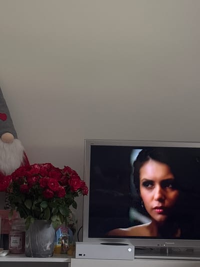 In an indoor scene, a television displays a close-up of a woman's face. To the left of the television, a bouquet of red roses in a grey patterned vase is visible, along with a candle and a gnome decoration. Below the television, a white gaming console is placed. The background is a plain, light-colored wall. The location of this scene in Hausach, Germany, is not discernible from the provided image.