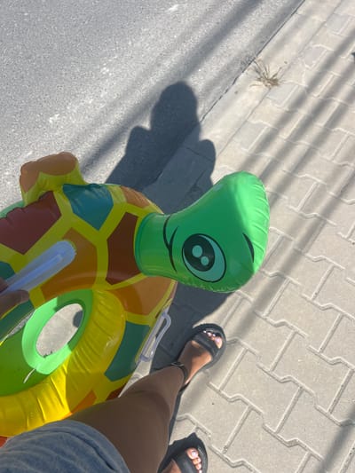 This media file captures a bright, sunny day in Năvodari, Romania. The scene is set outdoors on a paved walkway, likely near a body of water given the presence of a colorful inflatable turtle. The walkway is made of interlocking grey rectangular pavers.
The primary object in focus is a large, inflatable swimming ring shaped like a cartoon turtle. It is primarily green with a colorful shell featuring yellow, orange, and brown hexagonal patterns. The turtle's head is a bright green with large, black and green cartoon eyes. The ring has white handles attached to its sides. A person's hands are visible near the ring, one holding a white object with bristles, possibly a cleaning brush.
In the background, to the right of the turtle, a person's legs are visible, wearing denim shorts and black sandals. Their toenails are painted a light purple color. The person is standing on the paved walkway, casting a distinct shadow.
To the left of the turtle, also on the walkway, a small cluster of dried grass or plant material is visible, with a faint shadow cast nearby. The lighting suggests it is midday, with strong sunlight creating sharp shadows, indicating clear weather. The overall impression is one of leisure and an upcoming or recently concluded activity involving the pool or beach. There is no visible text in the media file.