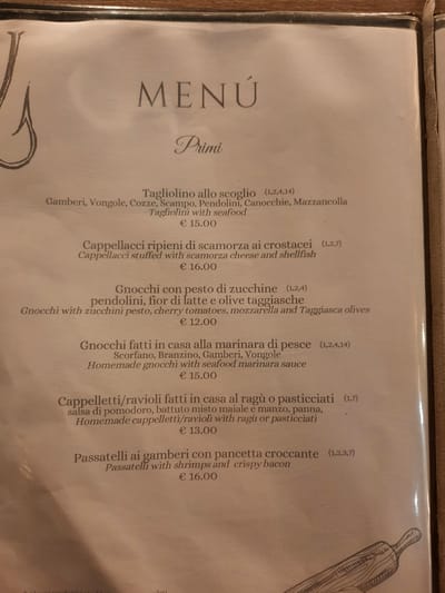The image shows a menu with Italian text. The menu lists various pasta dishes under the heading "Primi". Some of the dishes include "Tagliolino allo scoglio", "Cappellacci ripieni di scamorza ai crostacei", "Gnocchi con pesto di zucchine", "Gnocchi fatti in casa alla marinara di pesce", "Cappelletti/ravioli fatti in casa al ragù o pasticciati", and "Passatelli ai gamberi con pancetta croccante". Each dish has a price listed in Euros. The menu appears to be from a restaurant. The image is a photograph taken from a slightly elevated angle, looking down at the menu. The lighting is soft and even, with no harsh shadows. There are no people or any other discernible subjects in the image. The background is a blurred wooden surface, likely a table. The style of the menu suggests a traditional Italian restaurant.