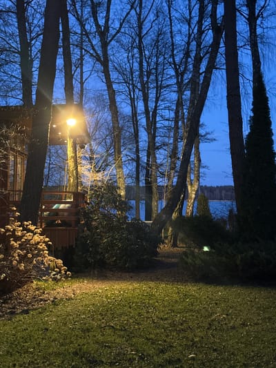 The image shows a night scene in Baltezers, Latvia, featuring trees with bare branches silhouetted against a dark blue sky. A wooden structure, possibly a house or platform, is visible amongst the trees, illuminated by a bright light. The area to the right of the structure is dominated by green grass and vegetation, creating a distinct line between the illuminated area and the darker, wooded area. A path or trail is visible between the grass and the trees. The overall atmosphere is tranquil, with the light source providing a focal point in the otherwise dark environment.