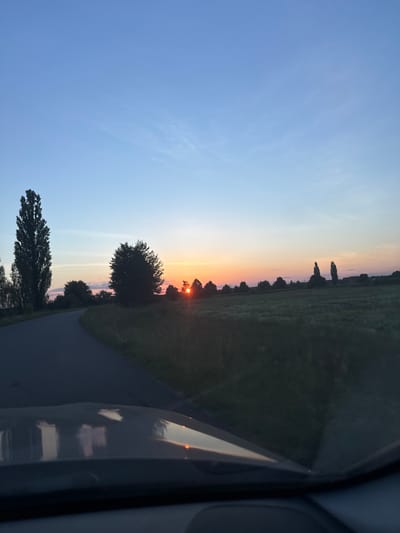 The image depicts a scenic sunset over a rural landscape in Dovhe, Ukraine. The sun is low on the horizon, casting a warm, orange glow across the sky, transitioning to soft hues of pink and yellow. The sky is a clear, pale blue with faint wisps of clouds. Silhouetted against the vibrant sky are several trees, their dark forms standing out starkly. A road or path curves through the landscape, bordered by a grassy field. In the foreground, part of a vehicle is visible, suggesting the photo was taken from inside a car. The reflections on the vehicle's surface hint at the surrounding environment, possibly other vehicles or the sky. The overall mood is peaceful and serene, capturing the beauty of a country sunset. The time of day is clearly evening, and the weather appears to be clear.