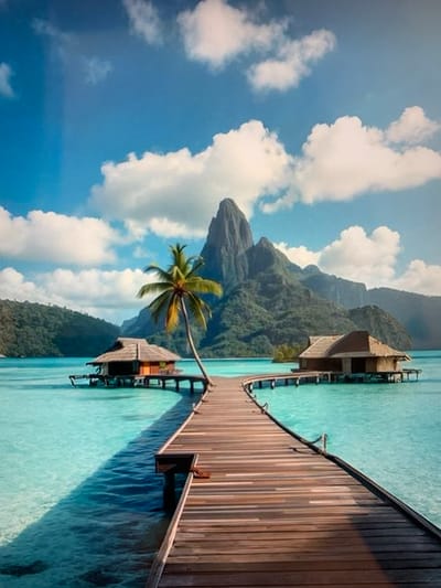 This image depicts a picturesque tropical scene, featuring overwater bungalows, a wooden pier, lush green mountains, and a clear turquoise ocean under a bright blue sky with scattered white clouds. The perspective is from the beginning of the pier, looking out towards the bungalows and the mountainous backdrop. There are no people present in the image, and no specific activities are depicted. The environment is serene and appears to be a resort or a secluded island destination. The mention of the city of Konstantinivka, Kyrgyzstan is not supported by the visual content of the image; the scene is characteristic of a tropical island rather than a location in Kyrgyzstan.