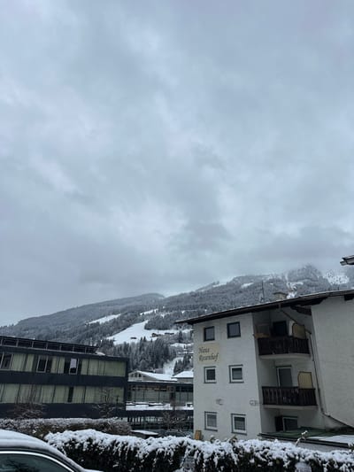 The image displays a winter scene, likely in a mountainous region, under an overcast sky. The photograph appears to be taken from a slightly elevated position, looking towards a valley and opposing slopes.
In the foreground and to the right, there are several buildings and snow-covered evergreen hedges. The most prominent building is a multi-story structure with white or light-colored exterior walls. It features several rectangular windows, some with dark frames, and wooden balconies on the upper floors. A sign on the building clearly reads "Haus Rosenhof". Below this building and slightly to its left, a darker, possibly gray or black, multi-story building is visible, also with rectangular windows. A snow-dusted hedge or shrub line runs along the right edge of the frame, partially obscuring a vehicle (only a portion of its hood and windshield are visible at the very bottom right).
The midground reveals a snowy landscape. A valley floor, covered in snow, extends horizontally across the image, with what appears to be a cleared or less densely forested slope in the center. Dense conifer forests, heavily laden with snow, cover the hillsides and mountains in the distance, stretching from the middle of the frame towards the left.
The sky, occupying a significant portion of the upper left, is uniformly overcast and light gray, indicating a cloudy day, consistent with the snowy conditions. There are no clear indications of direct sunlight. The overall atmosphere is cold and serene, characteristic of a winter day in the mountains. The visible text "Haus Rosenhof" suggests the building is a guesthouse or hotel.