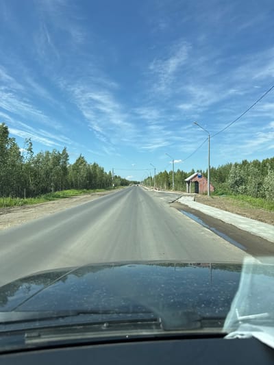 The image captures a view from inside a vehicle, looking forward along a paved road. The road stretches into the distance, flanked by a dense forest on the left and a newly constructed sidewalk with a small brick bus stop on the right. The sky is blue with scattered wispy white clouds. A power line runs overhead, supported by streetlights positioned along the roadside. The hood of the vehicle, visible in the foreground, is dusty. The setting appears to be on the outskirts of Parma, Russia, possibly in a rural or developing area given the ongoing construction and natural surroundings.