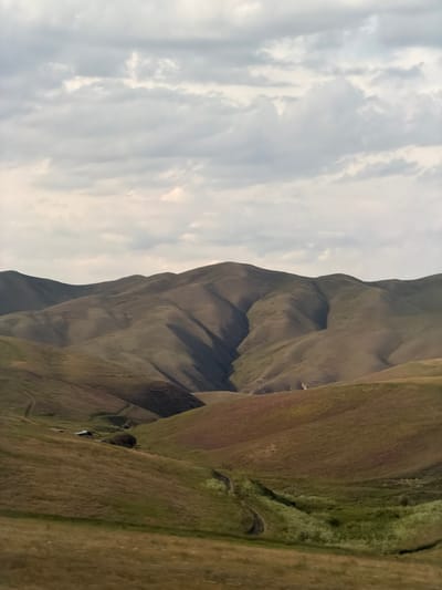The media file is a vertically oriented, landscape photograph taken in Karagai Bulak, Kyrgyzstan. The scene features a dramatic mountain landscape under a cloudy sky. The foreground is dominated by the rugged slopes of the mountain, with varied textures of dry grass and mossy areas. A narrow, dark ravine or gully runs down the side of the mountain, showcasing a patch of vibrant green vegetation. The mountain itself has a stratified appearance, with distinct layers and shadows suggesting an ancient geological formation.
To the left of the frame, the sky is filled with a soft, diffused light, indicating either early morning or late afternoon. The clouds are a mix of light grey and white, creating a slightly overcast atmosphere. The overall impression is one of a remote, wild, and natural environment. There are no visible people or man-made objects in the frame, emphasizing the untouched beauty of the location. The time of day appears to be either dawn or dusk, given the quality of light and cloud cover. The location cues, such as the specific type of mountain terrain and vegetation, are consistent with the mountainous regions of Kyrgyzstan. The image evokes a sense of peace and awe at the grandeur of nature. No text is visible in the media file.