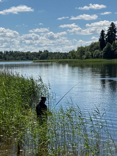 A person, wearing a dark shirt and a wide-brimmed hat, stands in dense green reeds at the edge of a calm, blue lake. The individual is holding a fishing rod, with the line extending into the water. The background shows a distant treeline of mixed deciduous and coniferous trees under a bright blue sky with scattered white clouds. The location is the lake in Lendži, Latvia, characterized by its tranquil waters and natural surroundings.
