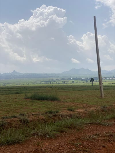This is a landscape photograph taken outdoors in Rim, Nigeria. The image is oriented vertically, with the sky occupying the left portion and a field of green grass and brown earth filling the right. The sky is partly cloudy, with large, fluffy white clouds dominating the upper left. A tall, gray concrete pole runs horizontally across the upper portion of the image, extending from the left edge into the field.

The mid-ground shows a vast, green landscape, likely agricultural fields, stretching towards a hazy mountain range in the distance. Scattered trees are visible throughout the field, and a cluster of small buildings, suggesting a village or town, can be seen along the horizon. The right side of the image features a strip of rough, reddish-brown earth covered with sparse, dry grass and some small green shoots.

The overall impression is one of a rural setting under a bright, possibly midday, sky. The weather appears to be clear with some cloud cover. There is no discernible activity or event taking place. Visible text on the concrete pole, towards the right side, appears to be a series of numbers: "2888". The scene evokes a sense of openness and natural beauty.