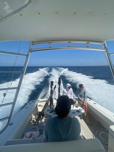 On a bright day, a powerboat speeds through clear blue water, creating a large wake. Three people are visible on board: one is in the process of piloting the vessel. Fishing rods are situated behind them. The image originates from La Ribera, Mexico.
