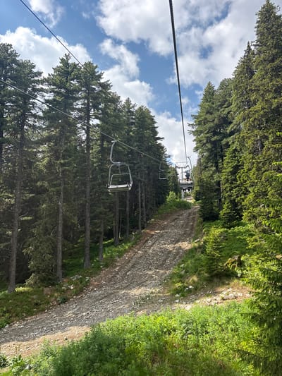 In Panichishte, Bulgaria, a ski lift ascends a mountainous terrain. The ski lift, composed of several empty chairs and one occupied by two individuals, travels along a cable suspended above a rugged, rocky path. The path is flanked by dense coniferous forest, with tall trees dominating the landscape. Sunlight filters through the canopy, casting dappled shadows on the ground. The sky above is a clear blue, dotted with fluffy white clouds. The overall scene depicts a serene mountain environment, highlighting the infrastructure of a ski resort during a warmer season.