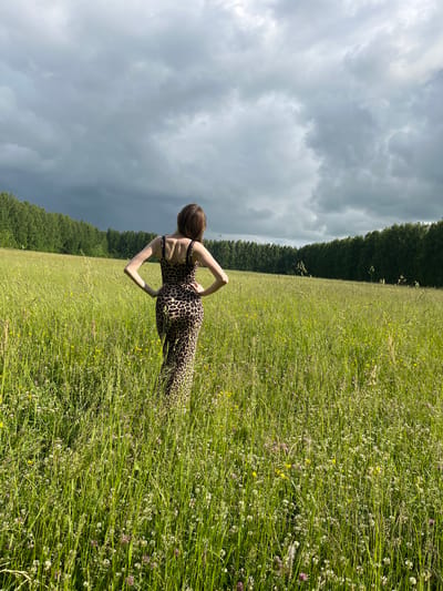 A woman stands in a field of tall grass, facing away from the camera. She is wearing a long, leopard-print dress and has her hands on her hips. The field is full of wildflowers, and a line of trees forms the horizon in the background. The sky above is cloudy and dark, suggesting an approaching storm. The scene appears to be set in a rural area, possibly the outskirts of Большой Гондыр, Russia.