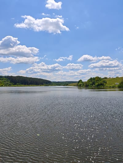 This is a landscape photograph of a tranquil lake on a sunny day. The water's surface is rippled, reflecting the bright sunlight and creating a shimmering effect. In the foreground, the ripples are quite prominent, with a single lily pad visible in the center.
The middle ground of the image features the calm expanse of the lake, which leads to a distant shoreline. The shoreline is densely populated with a thick forest of dark green trees, forming a natural, undulating line against the horizon. Beyond the forest, on the right side of the frame, gentle, grassy hills rise, dotted with scattered trees and shrubs. A white van is parked on the grassy slope, near the water's edge.
The sky above is a vibrant blue, adorned with fluffy, white cumulus clouds. These clouds are scattered across the sky, some appearing larger and more defined, while others are wispy and translucent. The sunlight suggests it is daytime, likely mid-morning or afternoon, given the brightness and the distinct shadows cast by the clouds. The overall mood of the image is peaceful and serene, capturing the beauty of a natural, rural landscape in Horodyshche, Ukraine. There is no visible text in the image.