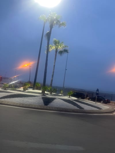 The image captures an outdoor street scene at twilight, with the camera tilted, making the horizon appear diagonal. A very bright light source, likely the sun setting or rising, dominates the left side, causing lens flare and illuminating the fronds of several tall palm trees that line the street. The sky is a clear, deep blue.
Along the street, a distinctive sidewalk features a geometric pattern of black and light-colored squares or abstract shapes. Parallel to the sidewalk, a paved road stretches into the distance, marked by a white line. On the far side of the road, a low wall is visible, with sections topped by what appears to be barbed or razor wire. Several dark cars are parked alongside this wall.
Further down the street, multiple artificial streetlights are active, emitting bright yellow-orange light that contrasts with the ambient blue light. A blue circular road sign with a white arrow pointing upwards is visible on a pole near the parked cars. No individuals are clearly discernible. The scene, consistent with the Fnideq, Morocco context, conveys a tranquil moment during the transition between day and night.