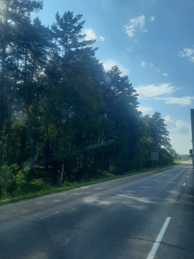 The image depicts a view from a vehicle traveling along a paved road, bordered by lush green trees and a bright blue sky with scattered white clouds. The road has a white line marking its edge, and shadows from the trees cast dappled patterns on the asphalt. The time of day appears to be daytime, likely late morning or early afternoon, given the clear sky and bright sunlight. The overall mood is serene and natural, suggesting a journey through a rural or semi-rural area. There are no people or discernible objects beyond the natural landscape and the road itself. The scene is consistent with a location in Russia, as suggested by the provided context. No visible text is present in the image.