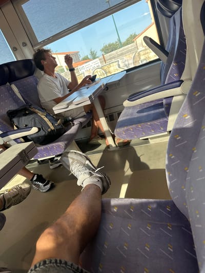 This media file captures an indoor scene, likely on a train, given the visible seats with a distinctive purple and white patterned upholstery. The perspective is from a seated position, looking towards the floor and to the side. Several individuals are present, though their full forms are not entirely visible.
In the foreground, a person's legs and feet are prominent, clad in athletic shoes. One individual, appearing to be a young man with curly brown hair, is seated near a window and is looking at his phone. He is wearing a white t-shirt and wireless earbuds. Another person's legs are also visible, wearing similar athletic shoes. A backpack is placed on the floor between seats.
The scene is well-lit, suggesting it's daytime, possibly late morning or early afternoon, with sunlight casting shadows. Through the window, glimpses of buildings and trees can be seen, with the sun shining brightly, indicating clear weather. There is some text visible on a sign or placard outside the window. The visible text includes "NIKE", "GMD", "Denoitor Tenzssemer", "Espace vert/Livraison", and a phone number "06.08 81.05.44". The location context provided is Salses-le-Château, France. The overall mood appears relaxed, suggesting a journey in progress.