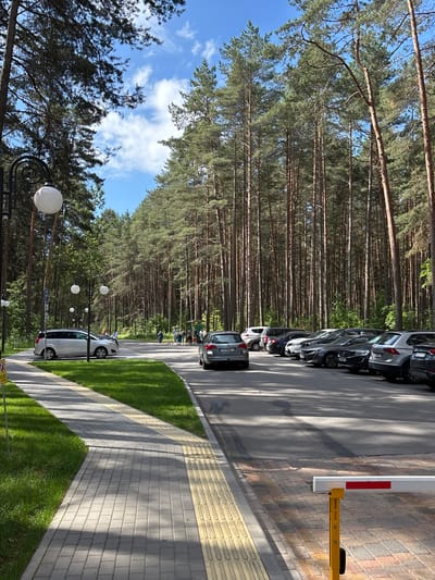 The image depicts a parking lot adjacent to a dense forest of tall pine trees. A paved walkway with tactile paving runs along the left side of the parking lot. Several cars are parked in the lot, and a white barrier arm is visible in the foreground. In the distance, a group of people are gathered near a green structure. The sky is blue with scattered clouds. The scene appears to be a public space within the Мядзельскі сельскі Савет in Belarus.