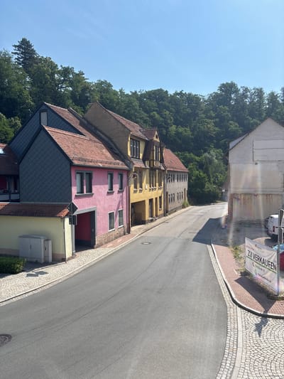 The image depicts a street scene in Stadtroda, Germany, on a clear, sunny day. The street is paved with asphalt and lined with cobblestone sidewalks. On the left side of the street, there are several buildings. The closest building is painted pink with a dark grey roof and a dark grey garage entrance. To its right, a yellow building with dark trim and a red-tiled roof is visible. Further down the street, a pale yellow building with white trim and many windows stretches along the road. On the right side of the street, a white building with visible rust stains and a patched wall dominates the foreground. Next to it, a white van is parked. A large banner with German text that reads "ZU VERKAUFEN" (For Sale) is propped up on the sidewalk in front of the white building. A dense green forest lines the hill in the background. The sky is a clear blue. No people are visible in the image.