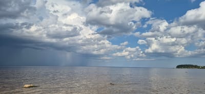 The image depicts a wide, calm body of water, likely a lake or sea, under a dramatic sky. The horizon is clearly defined, separating the water from the sky. The water itself is a muted grey-brown, with gentle ripples on its surface. In the foreground, a large, moss-covered rock sits partially submerged in the water near the shore.
The sky is a dynamic canvas of clouds. On the left side, dark, heavy storm clouds dominate, with visible streaks of rain falling towards the water, creating a curtain-like effect. To the right, the sky transitions to bright blue, punctuated by fluffy, white cumulus clouds.
In the far distance, on the right edge of the frame, a tree-covered shoreline is visible. A white lighthouse stands prominently on this shore, accompanied by some buildings. The overall impression is one of transition, with a storm approaching from one direction while clearer skies prevail in another. The location is identified as the city of Motornoe, Russia, suggesting a possibly coastal or lakeside environment. No people or animals are visible in the scene.