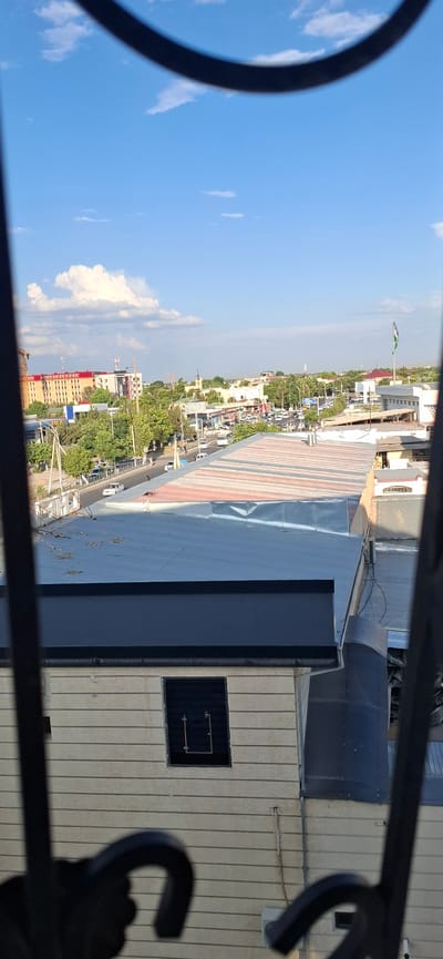 The image depicts an aerial view of a city street in Karmana, Uzbekistan, on a clear day. The perspective is from a high vantage point, possibly a building, looking down and across the urban landscape.

The main subjects include a busy street lined with buildings and trees. Cars are visible on the road, suggesting traffic and daily activity. The architecture appears to be a mix of modern and older structures, with some buildings featuring colorful facades, while others are clad in metal or concrete. One prominent building in the mid-ground has a large, multi-colored roof. In the distance, a flag is flying from a pole.

The scene is bathed in sunlight, indicating it is daytime, likely late morning or afternoon, given the brightness and shadows. The sky is a vibrant blue with scattered white clouds. The overall mood is one of normalcy and everyday urban life.

Notable details include the vertical orientation of the image, which gives a unique perspective on the cityscape. The presence of greenery suggests a well-treed area within the city. The metal railings in the foreground frame the view, hinting at a balcony or window from which the photo was taken. There is no visible text in the image.