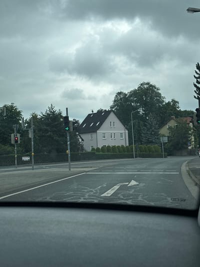 The image captures a street view in Rudolstadt, Germany, on a cloudy day. In the foreground, a grey dashboard is visible, indicating the photo was taken from a vehicle. The road ahead features white lane markings, including a directional arrow pointing left, suggesting a turn or lane separation. Several traffic lights are present; one on the left shows a red signal, while another further right displays a green arrow pointing to the right. Behind the road, a neatly trimmed hedge runs along a pavement. Beyond the hedge, there are several houses, the most prominent being a pale pink building with a dark, pitched roof and white-framed windows. Trees of various sizes and types, including evergreen and deciduous varieties, form a dense backdrop. A street lamp is visible on the right side of the image. A sign attached to one of the traffic light poles reads "toom BAUMARKT", indicating a home improvement store. The overall atmosphere is overcast and subdued due to the cloudy sky.