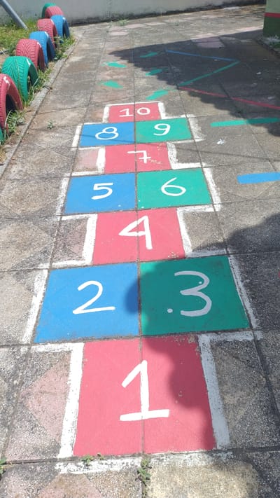 The image shows a hopscotch court painted on a concrete paved area, likely an outdoor playground or schoolyard. The hopscotch squares are colored red, blue, and green, with white numbers painted in them. The numbers visible are 1, 2, 3, 4, 5, 6, 7, 8, 9, and 10. To the left of the hopscotch court, there is a row of painted tires, alternating in red, blue, and green, placed along the edge of the paved area, bordering some green grass. The scene appears to be outdoors, under natural light, with shadows cast on the pavement. In the background, a grey concrete wall is visible. The overall impression is of a well-maintained recreational space for children. The context of Νέα Μηχανιώνα, Greece, suggests this location is in a coastal town.