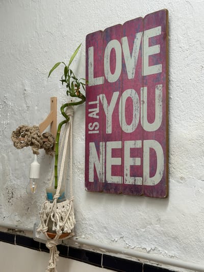 The image depicts a close-up view of a wall in a city, likely a residential or commercial space, showing a decorative sign that reads "LOVE IS ALL YOU NEED." The sign is made of distressed wooden planks with faded pink and white lettering, giving it a vintage aesthetic. To the left of the sign, a bamboo plant in a macrame planter hangs from a wooden fixture attached to the wall. A bare lightbulb with a visible filament is also mounted on the wooden fixture, creating a rustic lighting element. The wall itself has a textured, white plaster finish that appears aged and slightly damaged in some areas, with visible imperfections and peeling paint. A black and white tiled border runs along the bottom of the wall. The overall impression is one of bohemian or eclectic decor. There are no people or animals visible in the image. The scene is indoors, based on the lighting and the presence of wall-mounted fixtures.
