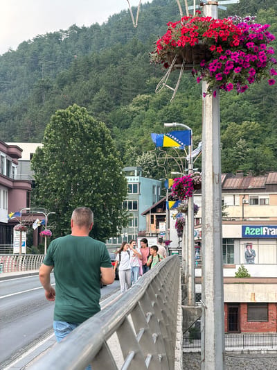 This media file captures a scene in Konjic, Bosnia and Herzegovina. The dominant subjects are several people, including a man in a green t-shirt in the foreground, facing away from the camera, and a group of younger individuals on a walkway further in the background. Objects visible include a metal railing, hanging flower baskets overflowing with red and purple petunias, and flags of Bosnia and Herzegovina adorning a pole. The setting appears to be a bridge or elevated walkway overlooking a street and buildings, with a dense forest covering a hillside in the background.
The people are casually dressed, suggesting a daytime scene. The weather appears overcast, with a soft, diffused light. The architecture of the buildings and the presence of the Bosnian flag are strong location cues for Konjic. While no specific event is explicitly depicted, the relaxed posture of the individuals and the decorative elements suggest a public space, possibly a tourist area or a town center. The overall mood is calm and observational.
Visible text includes signage on a building which reads "AzelFran" and another sign with smaller text that is not clearly legible. There is also a parking sign with the letter "P". The image has been rotated 90 degrees counter-clockwise for display.