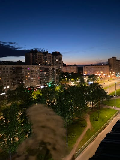 The image depicts a nighttime view from an elevated position in Borisova Griva Massiv, Russia. Several high-rise residential buildings with illuminated windows dominate the middle ground. A well-lit street and park area with trees are visible to the right of the buildings. The sky transitions from a dark blue on the left to a lighter hue near the buildings on the right. The foreground appears to be obscured by foliage and possibly a mist or haze.