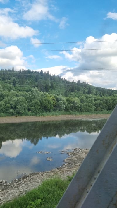 An eye-level, vertical, full shot captures a tranquil river scene with a lush green forest-covered hill rising in the background under a bright blue sky with scattered white clouds. The river, in the foreground, reflects the sky and the dense vegetation on the opposite bank, creating a mirror-like effect on its calm surface. The riverbank is a mix of dry, rocky ground with sparse green grass. In the far distance, atop the hill, are scattered tall coniferous trees. Four thin, dark horizontal lines, possibly power lines, stretch across the upper portion of the sky. On the right side of the frame, a portion of a weathered, grey metal structure, possibly a bridge railing, is visible, angled upwards. The scene is devoid of any human presence.