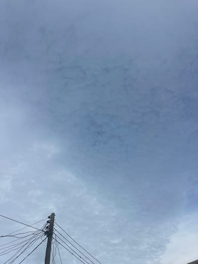 The image depicts a utility pole with numerous tangled electrical wires in the foreground, against a backdrop of a cloudy, pale blue sky. The utility pole, made of concrete, is positioned on the left side of the frame and extends upwards. The wires are a dark color and appear to be draped haphazardly, creating a complex network. The sky above is filled with a textured pattern of small, light-colored clouds, with a hint of brighter blue on the right side, suggesting a daytime scene. The setting appears to be an outdoor urban or semi-urban environment, consistent with the location of Rumuepirikom, Nigeria, where such infrastructure is common. There are no people or discernible actions taking place in the image.