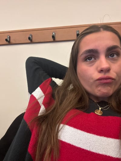 A woman with light skin, light brown hair, and dark eyebrows poses for a selfie. She wears a black long-sleeved shirt under a sweater with red, white, and black geometric patterns. A gold necklace with a pendant is visible. A brown wooden frame with metal hooks runs vertically along the left edge. The background is a plain, light-colored wall.