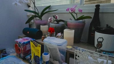 This media file depicts a still life arrangement on a shelf, likely indoors given the presence of houseplants and a window with blinds in the background. The scene is cluttered with various objects, including several potted orchids with pink and white flowers, a dark blue cylindrical speaker, a colorful tin box with a heart-shaped embellishment, a yellow bag of "Dog Treats," a clear plastic food storage container, several tall white pillar candles, a small decorative cat figurine, and a dark bottle, possibly wine or champagne. A white decorative holder, possibly for napkins, is also visible. The lighting suggests it might be dusk or a dimly lit indoor environment. There are no people visible, and no specific activity or event is taking place. The overall impression is one of domestic clutter. The location context of Yokneam Illit, Israel, does not provide any immediately discernible visual cues within the image itself.