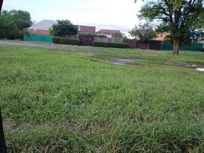 The image depicts a residential area on an overcast day. In the foreground, a vast expanse of green grass dominates the scene, appearing somewhat unkempt with patches of dry earth and scattered rocks. A muddy path cuts through the grass, indicating recent rainfall or damp conditions.
Behind the grassy field, a wooden fence with an attached hedgerow separates the properties. Several houses with varying rooflines and materials are visible beyond the fence. One house features a brick facade and a gray corrugated metal roof, while others appear to have darker, possibly tiled, roofs. Green and brown fences line the properties, with some sections of dark wooden planks. A large, mature tree with dense foliage stands prominently to the right of the frame, casting a shadow over the foreground.
The sky is a muted gray, suggesting cloudy weather. The overall setting appears to be a quiet, rural or suburban neighborhood. No people are visible in the image. The time of day is likely late afternoon or early evening, given the soft, diffused light. No text is visible in the image. The location is Taganrog City District, Russia.