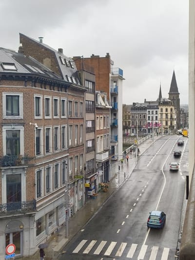The image depicts an elevated view of an urban street scene in Liège, Belgium, under an overcast sky. The wet asphalt road and sidewalks suggest recent precipitation.
On the left, a row of multi-story European buildings lines the street. The closest building features a brick facade with stone trim, ornate iron balconies, and a slate pitched roof with dormer windows. A white surveillance camera is mounted on its facade. Further down the row, several buildings have "À LOUER" (For Rent) signs in their windows, and ground-floor units appear to be commercial establishments, with one sign reading "L'ecole." One building distinctively features modern white and blue external balconies.
The main thoroughfare, wet and reflecting light, occupies the center-right of the frame. It features multiple white lane markings, including solid and dashed lines, and a pedestrian zebra crossing in the foreground. A traffic light pole stands near the crosswalk. A "BUS" road marking is visible further down the street. Four passenger vehicles are on the road: a light blue hatchback in the foreground, a silver/grey sedan mid-ground, and two darker vehicles further away, all traveling away from the viewer. A yellow vehicle, possibly a bus or service truck, is partially visible in the distant right.
Pedestrian activity is present. One individual with a black umbrella walks on the sidewalk near the foreground crosswalk. Two other individuals are visible further up the street on the sidewalk, one wearing a pink top, walking towards the viewer.
The street extends towards a concrete bridge spanning an unseen waterway. Buildings of varying architectural styles are visible on the far side of the bridge and waterway, including two prominent church spires against the horizon. Pink decorative flags are strung across the street beyond the bridge.
The far right edge of the image is dominated by a plain, light-colored wall or building structure, indicating the elevated vantage point of the photographer.