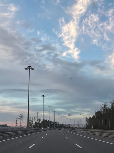 The image depicts a wide, multi-lane highway or freeway at what appears to be dusk or dawn. The perspective is from a vehicle moving along the road, which stretches into the distance.

The upper portion of the frame is dominated by a sky featuring a mixture of light blue patches and varied cloud formations. Some clouds are bright white and wispy, catching the soft light, while others are darker and more uniformly grey, suggesting an overcast layer or approaching evening/morning. Several circular or irregular smudges, likely artifacts from the camera lens, are visible in the sky area.

To the right of the road, a line of numerous, tall streetlights with multiple light fixtures extends into the background, providing illumination for the highway. Beyond the streetlights, a dense strip of dark trees forms a barrier, their silhouettes stark against the lighter sky. A guardrail or barrier separates the road from this treeline. The road surface is dark asphalt with clear white lane markings.

In the far distance, faint lights from other vehicles can be discerned, along with what might be distant structures or landscape features. There are no identifiable people or explicit activities taking place other than the implied movement on the highway. No discernible text is visible within the image. Given the context, this scene is likely situated near Levashovo, Russia, characteristic of a major thoroughfare in such an area.