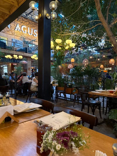 The image depicts an interior view of a restaurant, possibly located in San Cristóbal, Mexico, based on architectural and cultural context clues. Diners are seated at wooden tables and chairs within a partially outdoor setting, under trees and decorative lighting elements, including round rattan-like lanterns. A sign reads "AGUS" on a building visible in the background. A flower arrangement, menus, and condiments are present on the foreground table.