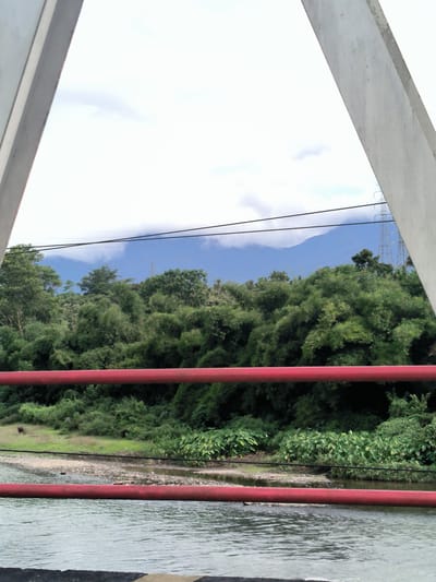 The image captures a vibrant natural landscape in Bandasafa, Indonesia, viewed from what appears to be a bridge. The foreground is dominated by a flowing river or stream with gentle ripples, bordered by a rocky and grassy bank. On the left side of the bank, a dark animal, possibly a cow or buffalo, is visible grazing.

Two horizontal red railings of the bridge extend across the middle and lower parts of the frame, serving as a visual barrier. Parts of the bridge's structural elements, made of concrete or painted metal, frame the top section of the image, appearing on the far left and right.

Beyond the river, a dense and lush expanse of green vegetation, including numerous trees and bushes, covers the mid-ground and extends into the background. In the distance, majestic blue mountains rise, their peaks partially obscured by white clouds, suggesting a cloudy but bright daytime sky. Several black power lines traverse the scene horizontally in the upper-mid section, and a metal electricity pylon can be faintly seen on the far right, partially hidden by the dense foliage. There is no visible text in the image.