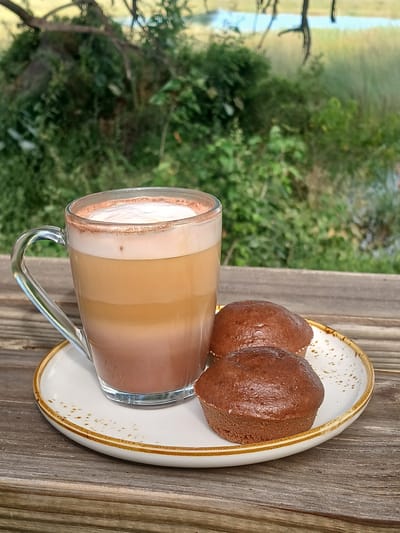 A cup of layered coffee and two madeleines are on a plate. The plate is on a wooden surface. In the background, vegetation is visible, suggesting an outdoor location in a natural setting. It is unclear that the image was taken in the city of Nwanaeanoka, Botswana.