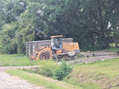 An orange and blue front-end loader is parked next to a stack of logs, near a wooded area. Several chickens are visible on a dirt path in the background. The scene is set in a rural environment, possibly in the city of Kargal, Russia, given the presence of a "Lonking" branded piece of machinery, which is a Chinese manufacturer with a presence in Russia. The ground is covered in dirt and grass, with trees and foliage forming the backdrop.