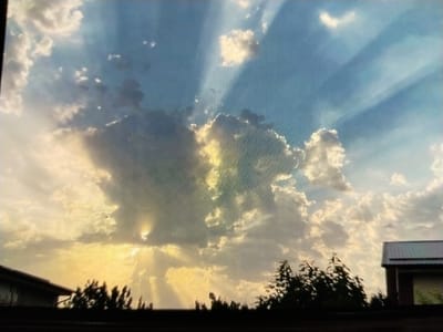 The image shows a view of the sky from a low vantage point, likely from ground level or a low building. The sky is filled with dramatic clouds, illuminated by crepuscular rays emanating from behind a large, dark cloud formation. The rays of light are a prominent feature, suggesting either sunrise or sunset. In the foreground, silhouetted against the bright sky, are the dark outlines of trees and what appears to be the roof of a building on the right side. The building has a grey, corrugated roof and a dark facade. The overall impression is one of a visually striking sky over a somewhat obscured urban or suburban landscape. The specific location in Tinchlik, Uzbekistan, is not visually ascertainable from the image itself, but the description pertains to the visual elements present.